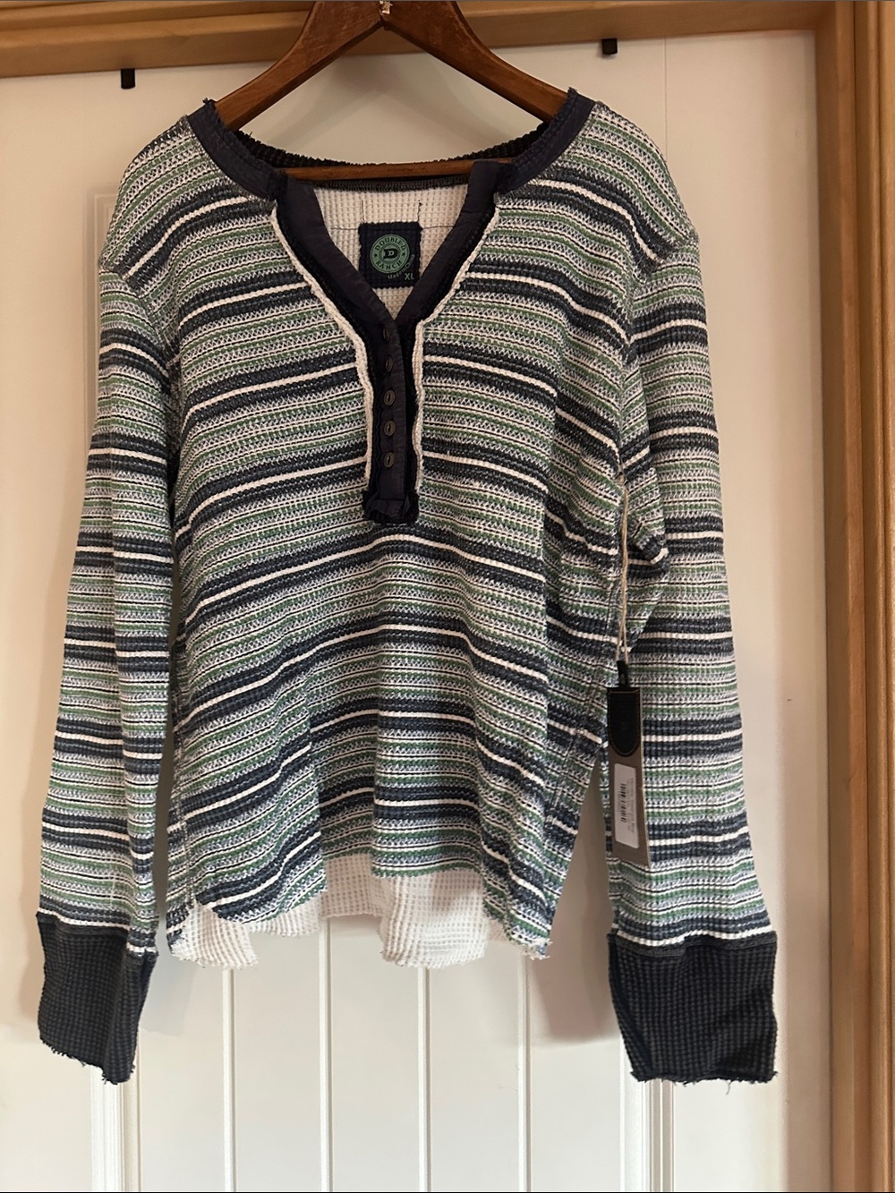 Double D Ranch Navy, Green & White Striped Henley Sweater
